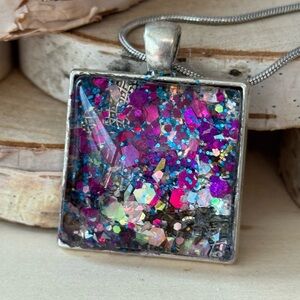 Sparkling Silver Galaxy Glitter Square Necklace on a 20” chain
